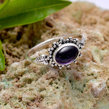 Adjustable Amethyst Gemstone Ring - 925 Solid Sterling Silver, Oval Shape, Bezel Setting, Size 5-13