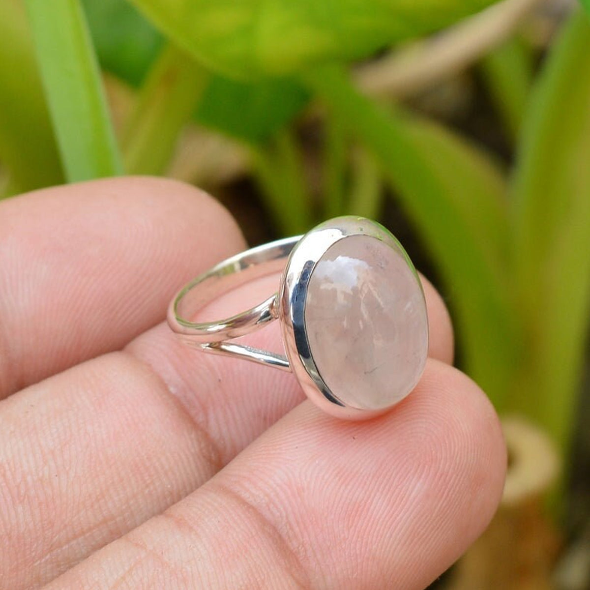 Natural Oval Rose Quartz Ring, 925 Sterling Silver Three Stone Statement  Ring | eBay