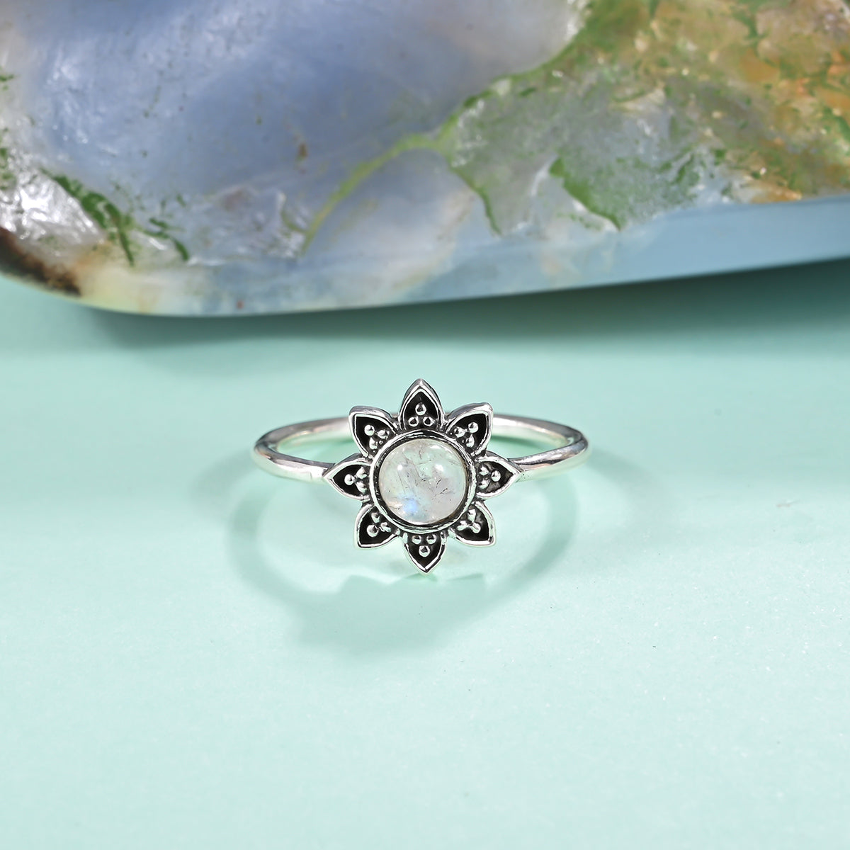 Sterling Silver Mandala Flower Ring - Blue Topaz Sterling Silver Mandala Flower Ring - Blue Topaz