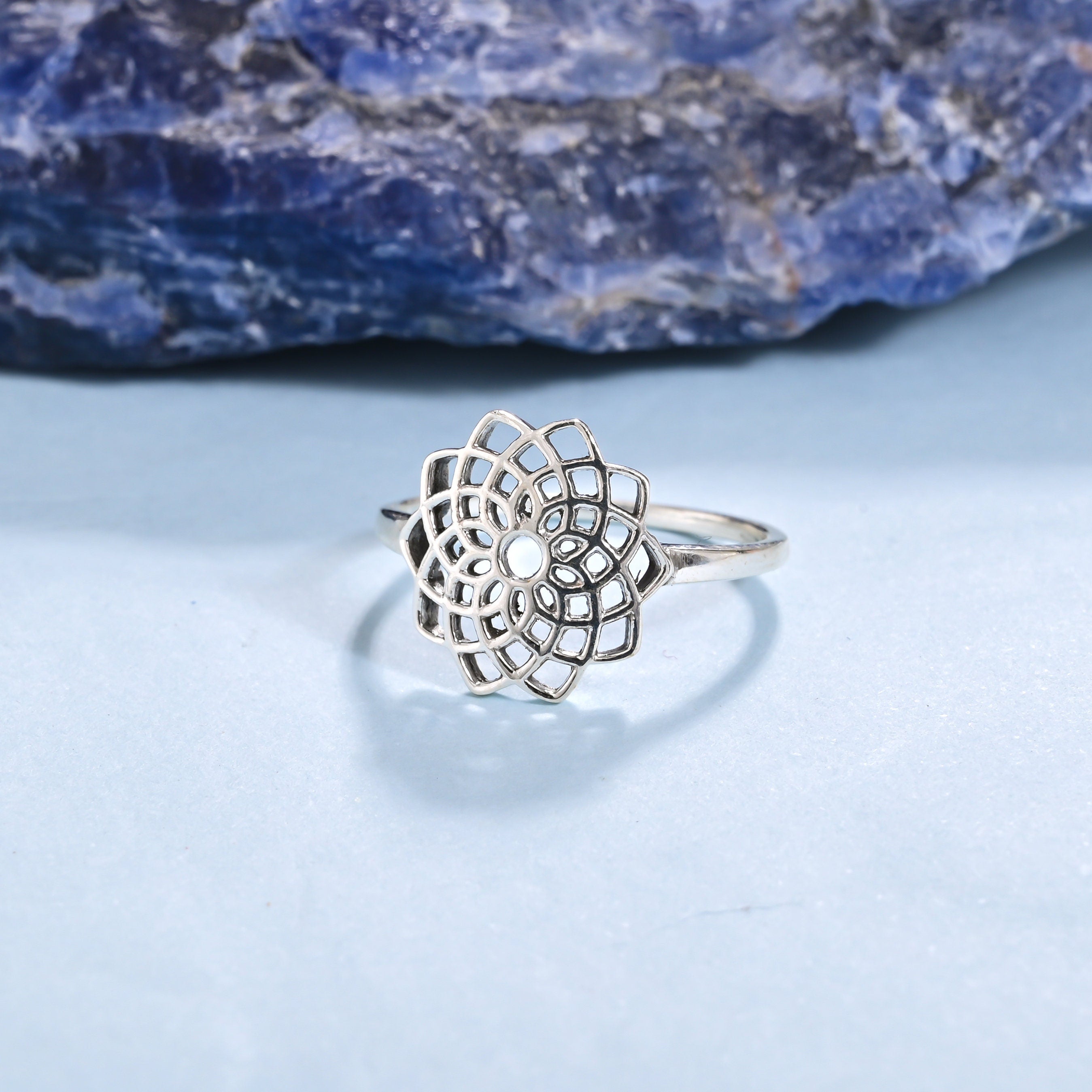 Sterling Silver Mandala Flower Ring - Blue Topaz Sterling Silver Mandala Flower Ring - Blue Topaz